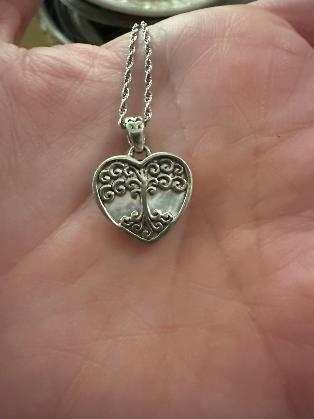 ATI 925 ID Mother Of Pearl Tree Of Life heart Pendant On Italy 925 ATI Chain